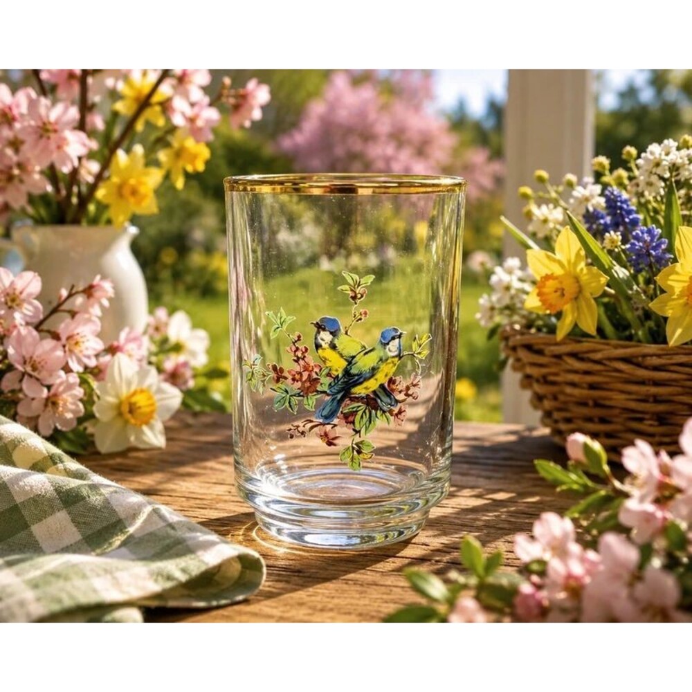 Vintage Bird & Blossom Highball Glass Gold Rim Floral Barware Tumbler